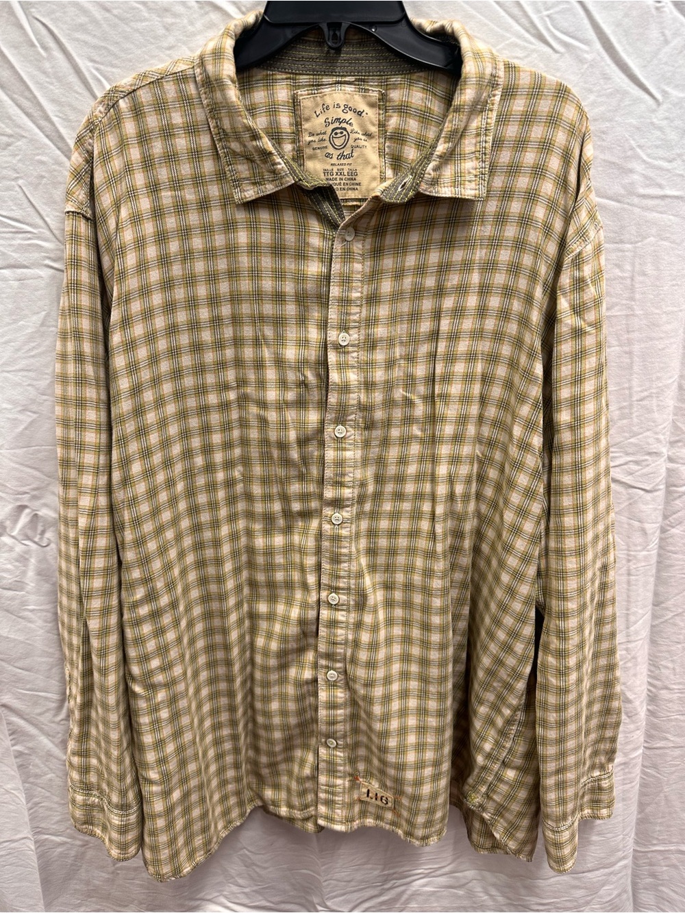 Life Is Good Men's Light Green and Cream Plaid Button-Down Shirt